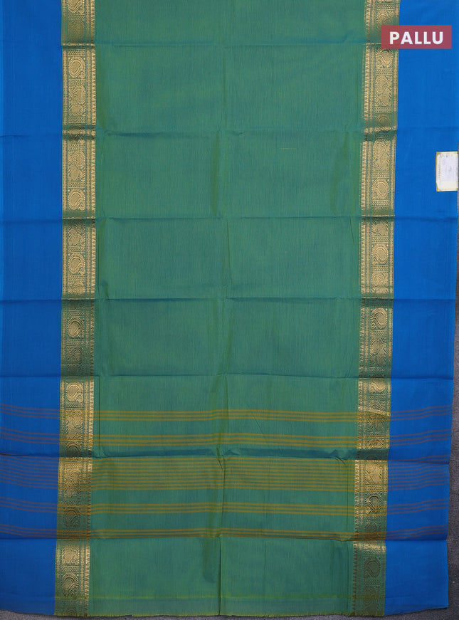 Chettinad cotton saree teal bluish green and cs blue with plain body and zari woven simple border