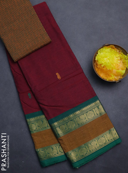 Chettinad cotton saree maroon and dark mustard with plain body and rettapet zari woven border