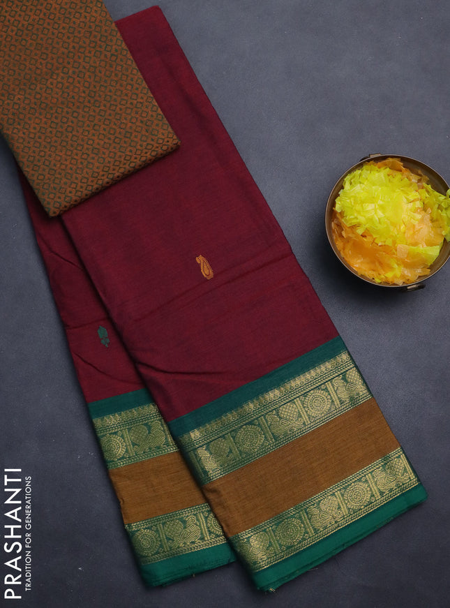 Chettinad cotton saree maroon and dark mustard with plain body and rettapet zari woven border