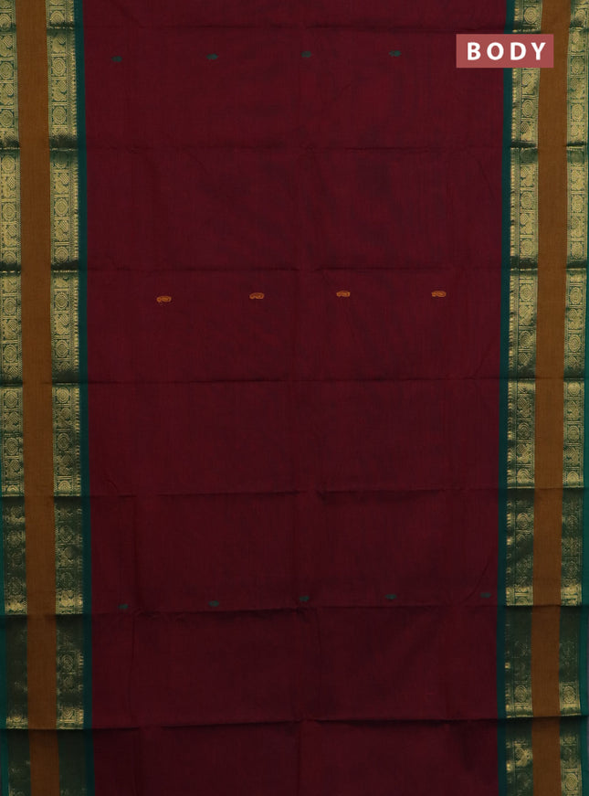 Chettinad cotton saree maroon and dark mustard with plain body and rettapet zari woven border