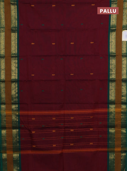 Chettinad cotton saree maroon and dark mustard with plain body and rettapet zari woven border