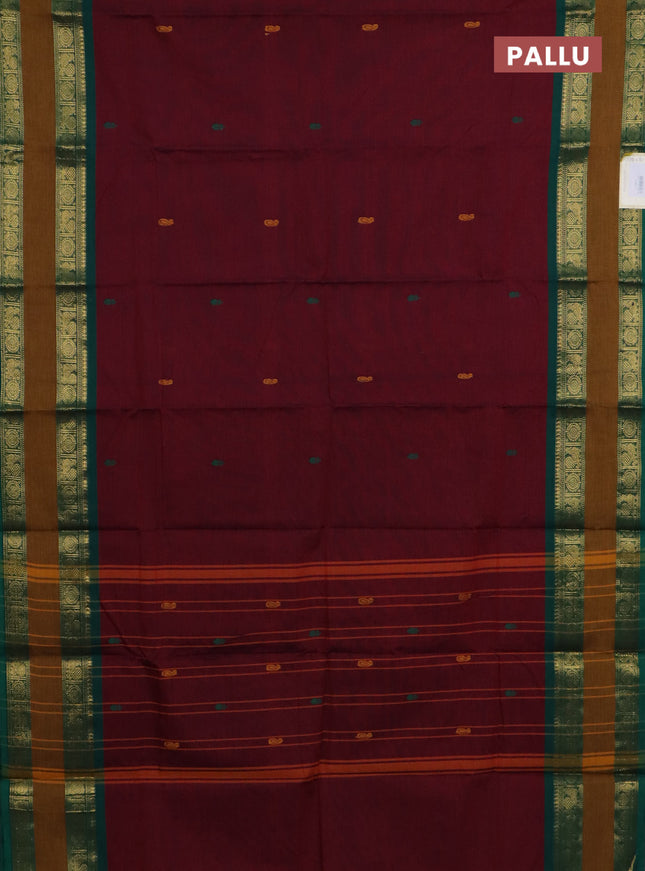 Chettinad cotton saree maroon and dark mustard with plain body and rettapet zari woven border