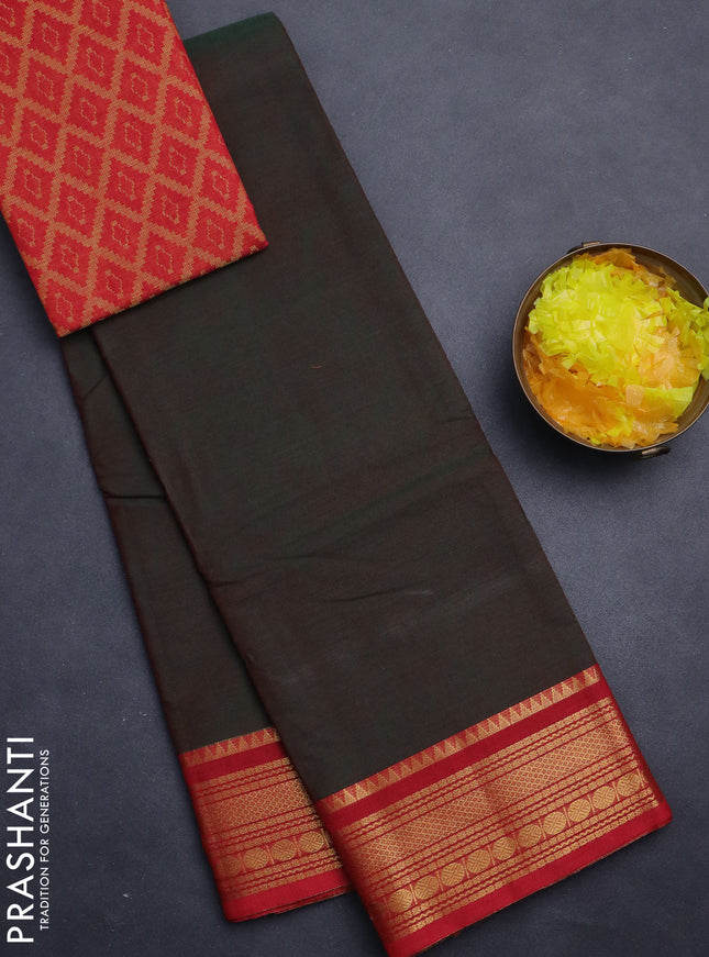 Chettinad cotton saree dual shade of green and red with plain body and zari woven border