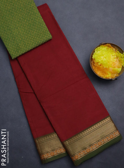 Chettinad cotton saree maroon and sap green with plain body and zari woven border