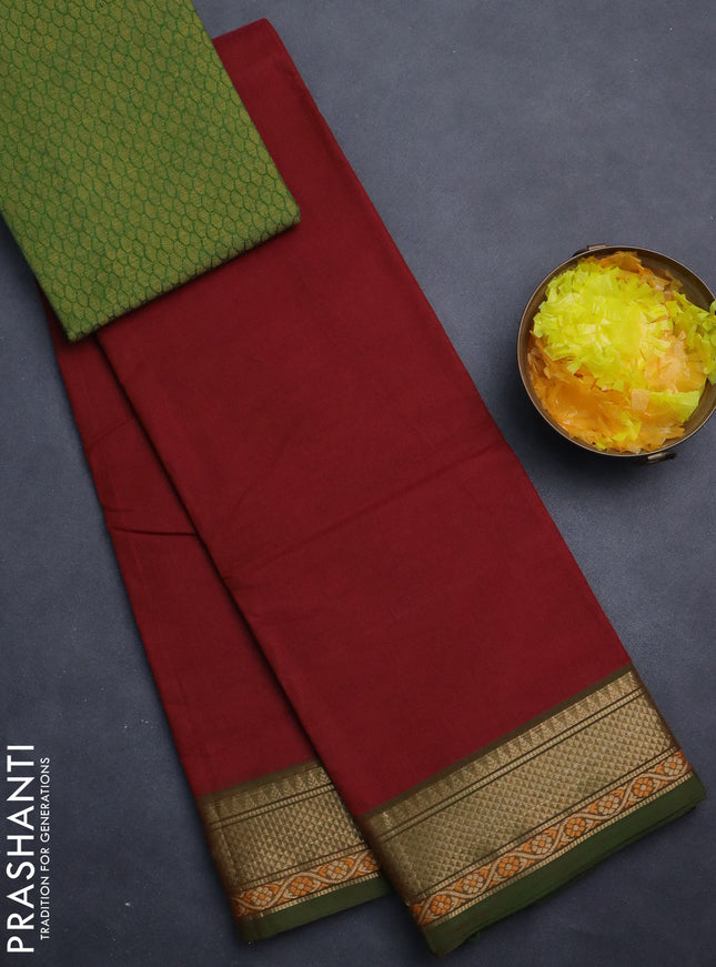 Chettinad cotton saree maroon and sap green with plain body and zari woven border