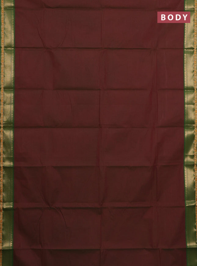 Chettinad cotton saree dual shade of maroon and green with plain body and zari woven border