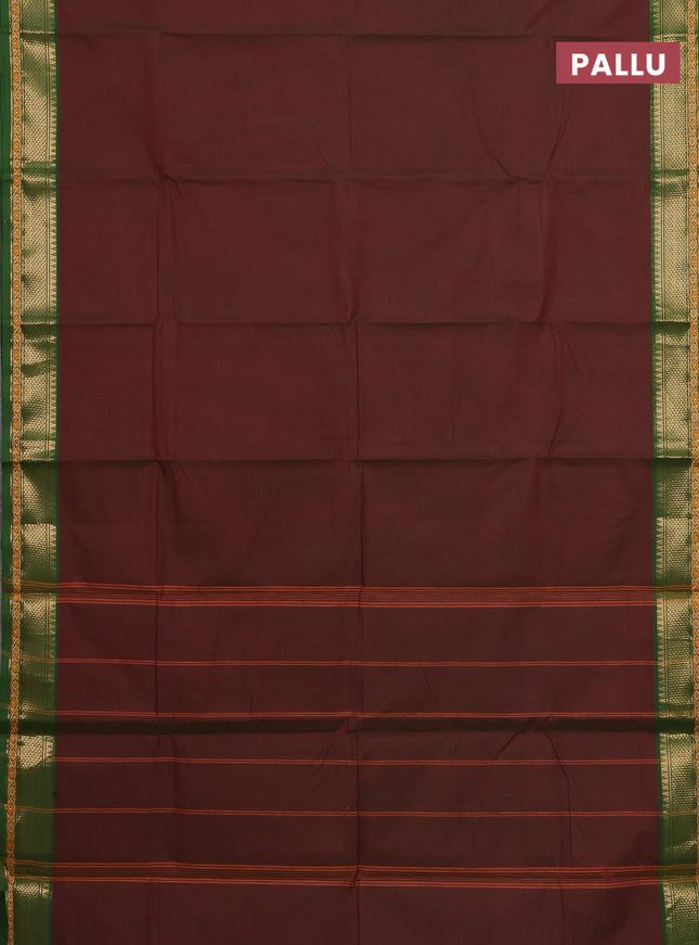 Chettinad cotton saree dual shade of maroon and green with plain body and zari woven border