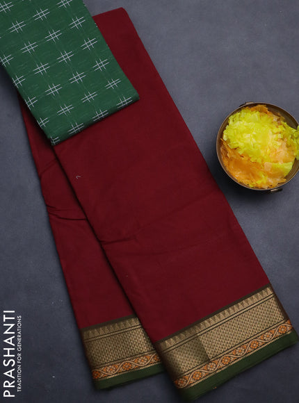 Chettinad cotton saree maroon and sap green with plain body and zari woven border