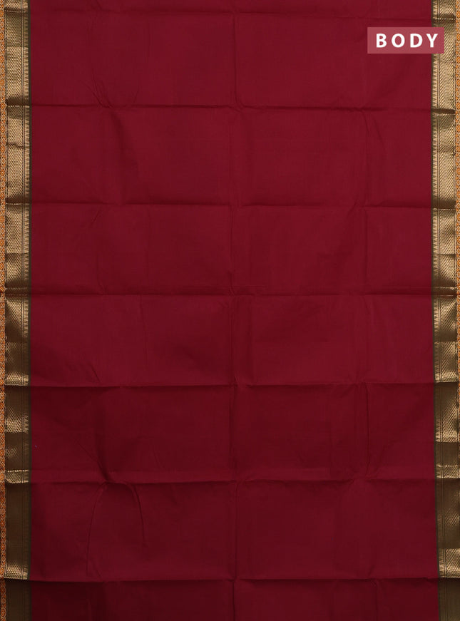 Chettinad cotton saree maroon and sap green with plain body and zari woven border