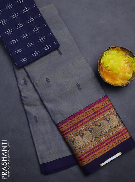 Chettinad cotton saree greyish blue and navy blue with thread woven buttas and long thread & zari woven border