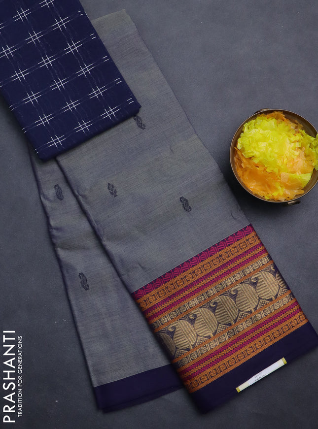 Chettinad cotton saree greyish blue and navy blue with thread woven buttas and long thread & zari woven border