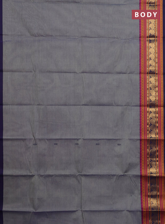 Chettinad cotton saree greyish blue and navy blue with thread woven buttas and long thread & zari woven border