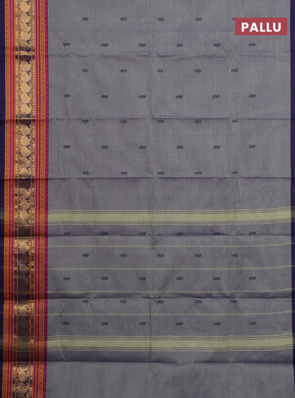 Chettinad cotton saree greyish blue and navy blue with thread woven buttas and long thread & zari woven border