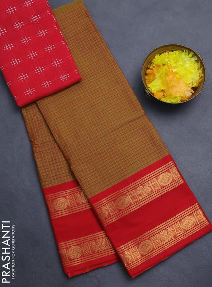 Chettinad cotton saree dual shade of mehendi green and red with allover checked pattern and rettapet zari woven border