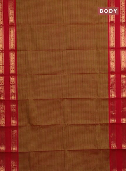 Chettinad cotton saree dual shade of mehendi green and red with allover checked pattern and rettapet zari woven border