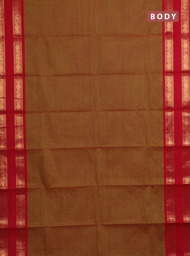 Chettinad cotton saree dual shade of mehendi green and red with allover checked pattern and rettapet zari woven border