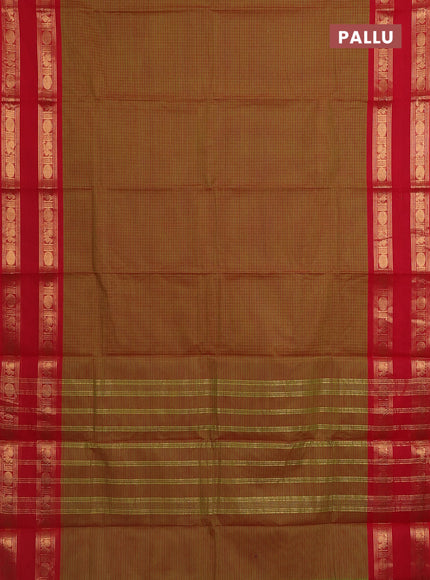 Chettinad cotton saree dual shade of mehendi green and red with allover checked pattern and rettapet zari woven border
