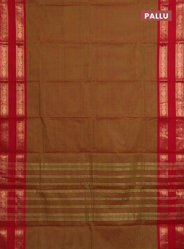 Chettinad cotton saree dual shade of mehendi green and red with allover checked pattern and rettapet zari woven border