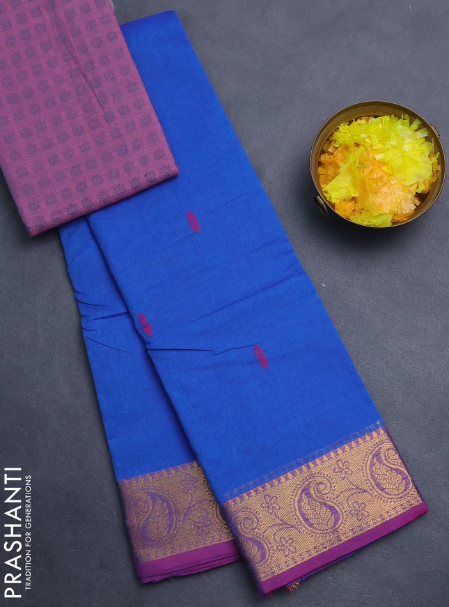 Chettinad cotton saree cs blue and purple with thread woven buttas and zari woven border