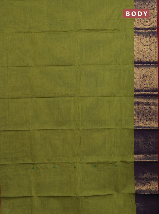 Chettinad cotton saree light green and maroon with thread woven buttas and long zari woven border