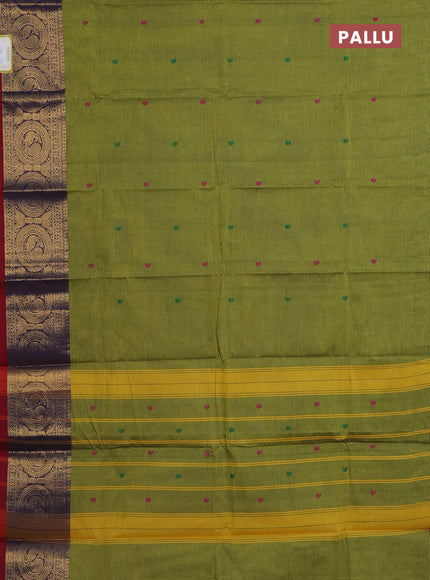 Chettinad cotton saree light green and maroon with thread woven buttas and long zari woven border