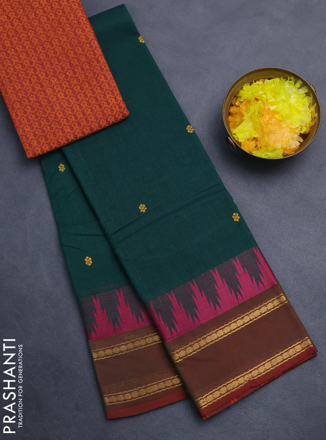 Chettinad cotton saree dark green and dual shade of maroon with thread woven buttas and temple design rettapet zari woven border