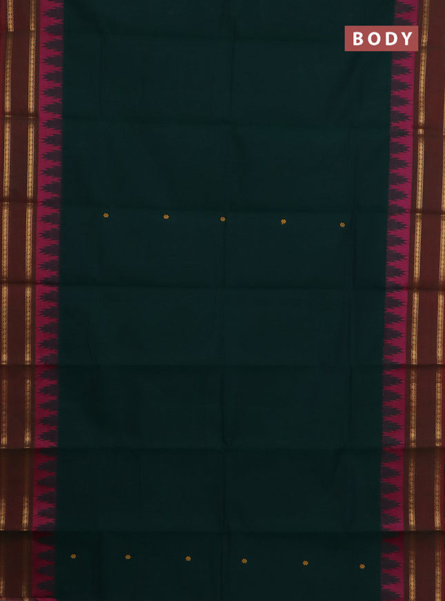 Chettinad cotton saree dark green and dual shade of maroon with thread woven buttas and temple design rettapet zari woven border
