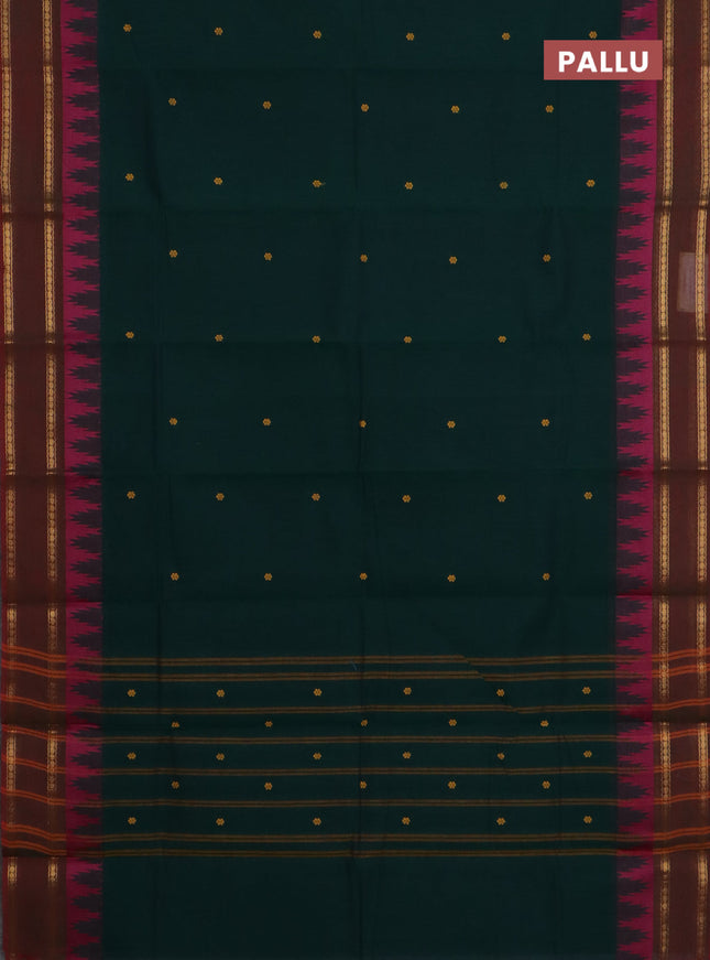 Chettinad cotton saree dark green and dual shade of maroon with thread woven buttas and temple design rettapet zari woven border