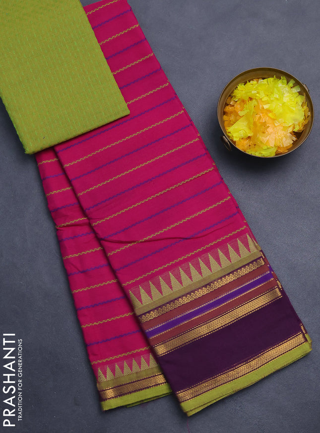 Chettinad cotton saree magenta pink and light green with allover thread weaves and rettapet zari woven border