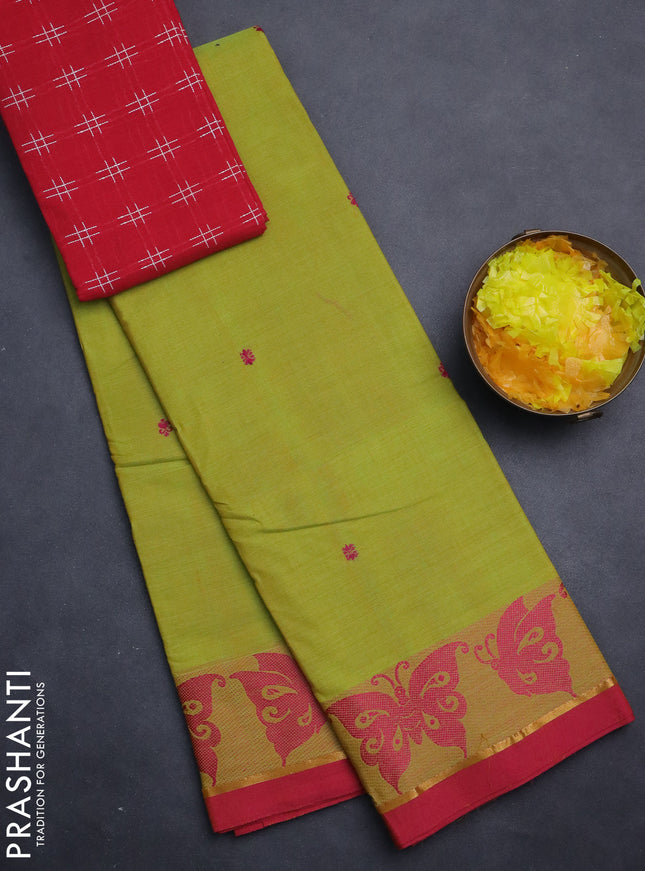 Chettinad cotton saree lime green and pink with thread woven buttas and thread woven butterfly border