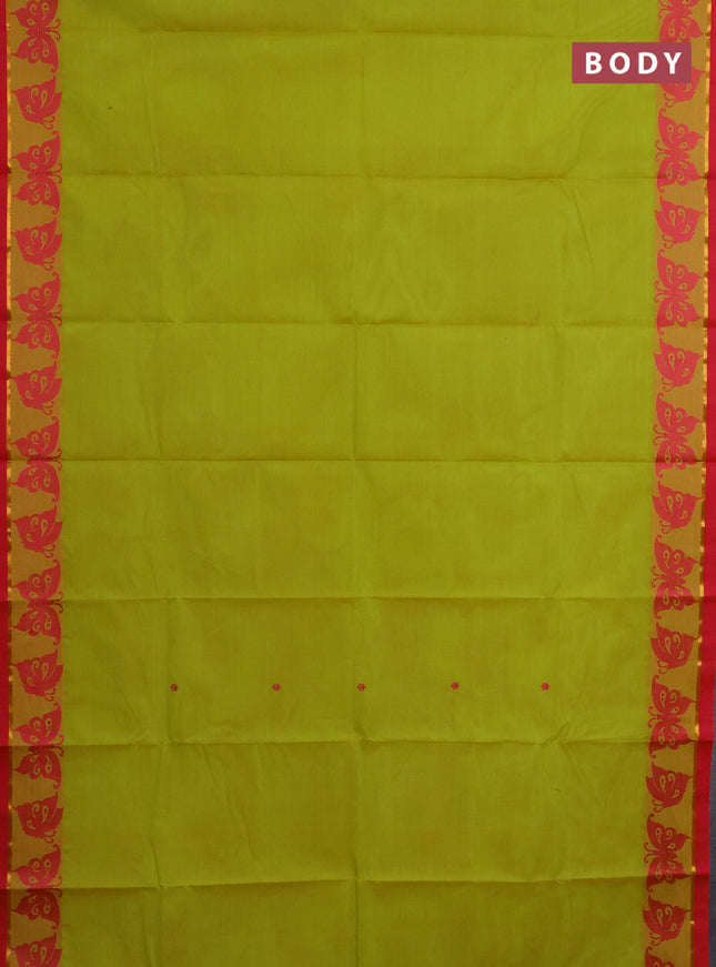 Chettinad cotton saree lime green and pink with thread woven buttas and thread woven butterfly border