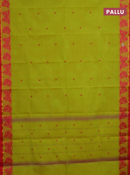 Chettinad cotton saree lime green and pink with thread woven buttas and thread woven butterfly border