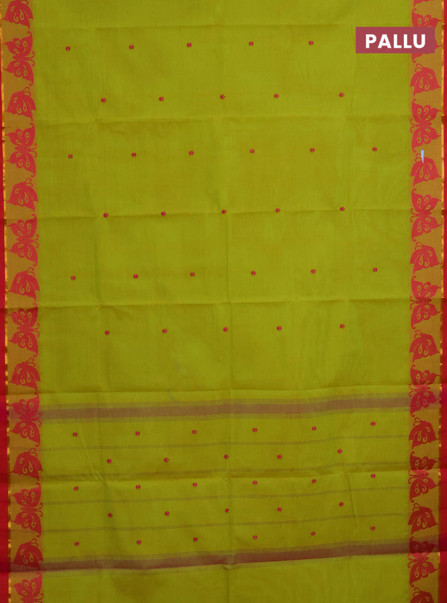 Chettinad cotton saree lime green and pink with thread woven buttas and thread woven butterfly border