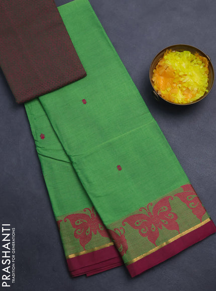 Chettinad cotton saree green and pink with thread woven buttas and thread woven butterfly border