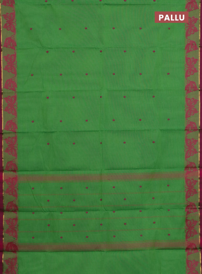 Chettinad cotton saree green and pink with thread woven buttas and thread woven butterfly border