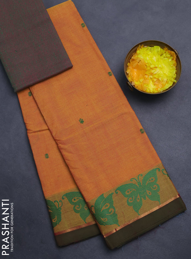 Chettinad cotton saree dual shade of yellowish pink and dual shade of greenish pink with thread woven buttas and thread woven butterfly border