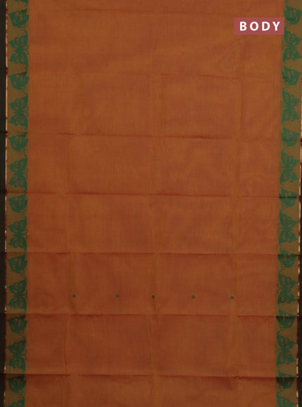 Chettinad cotton saree dual shade of yellowish pink and dual shade of greenish pink with thread woven buttas and thread woven butterfly border