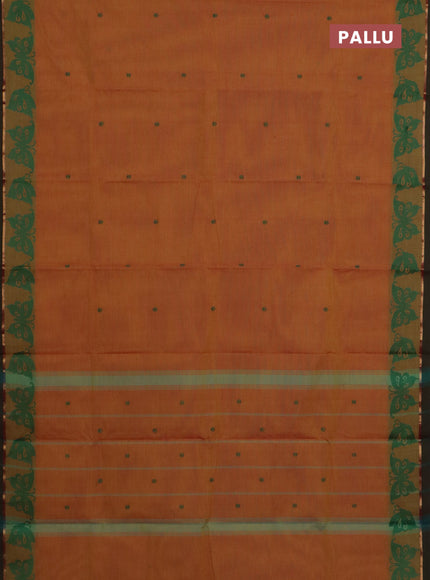 Chettinad cotton saree dual shade of yellowish pink and dual shade of greenish pink with thread woven buttas and thread woven butterfly border