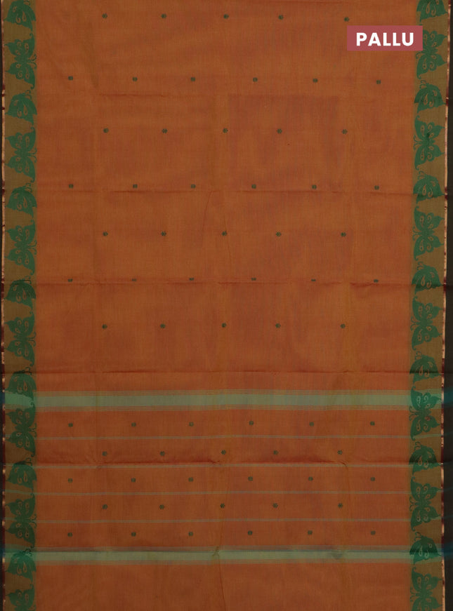 Chettinad cotton saree dual shade of yellowish pink and dual shade of greenish pink with thread woven buttas and thread woven butterfly border