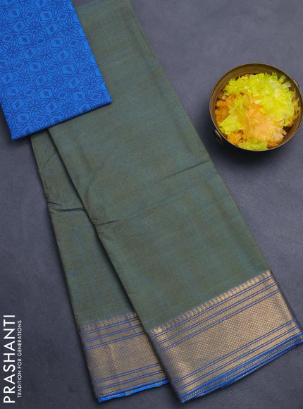 Chettinad cotton saree green and cs blue with allover small checked pattern and zari woven border