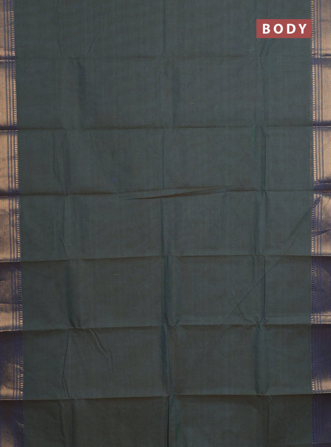 Chettinad cotton saree green and cs blue with allover small checked pattern and zari woven border