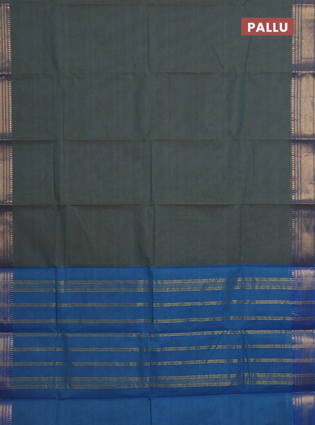 Chettinad cotton saree green and cs blue with allover small checked pattern and zari woven border