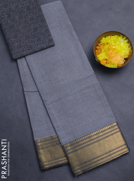 Chettinad cotton saree off white and dark blue with allover small checked pattern and zari woven border