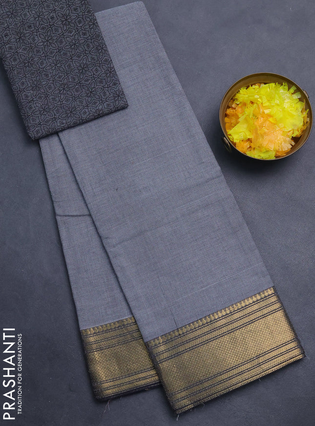 Chettinad cotton saree off white and dark blue with allover small checked pattern and zari woven border