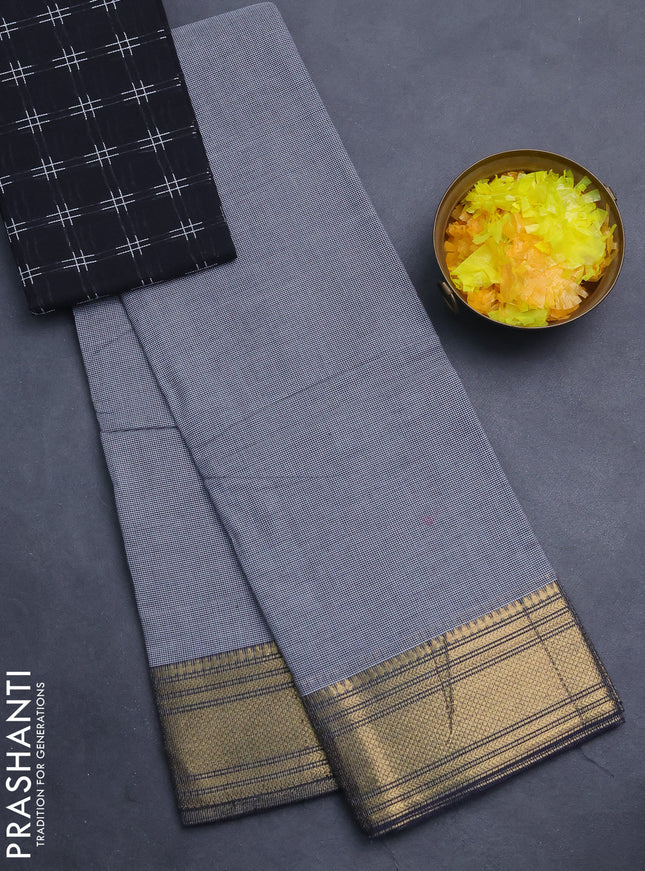 Chettinad cotton saree off white and black with allover small checked pattern and zari woven border