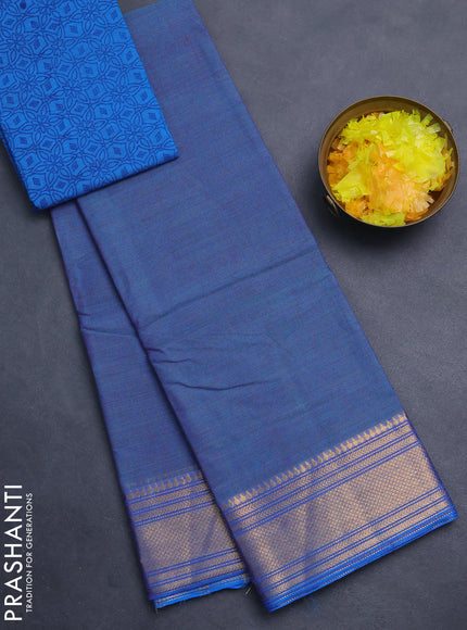 Chettinad cotton saree blue and cs blue with allover small checked pattern and zari woven border