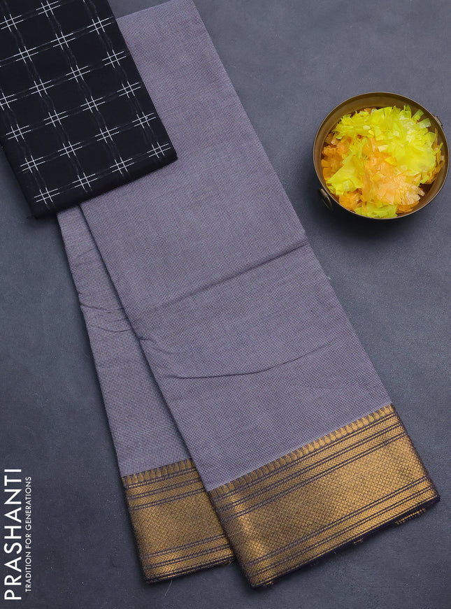Chettinad cotton saree off white and black with allover small checked pattern and zari woven border