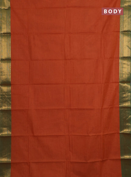 Chettinad cotton saree dark mustard and green with allover small checked pattern and zari woven border