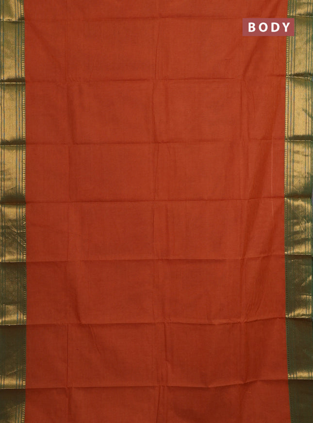 Chettinad cotton saree dark mustard and green with allover small checked pattern and zari woven border