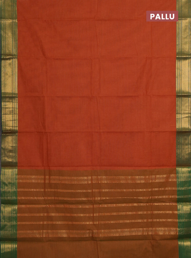 Chettinad cotton saree dark mustard and green with allover small checked pattern and zari woven border
